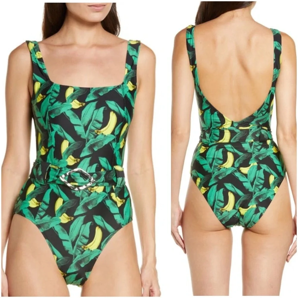 {Ganni} Banana Print Belted One-Piece Swimsuit, Plus Size 4XL/22
